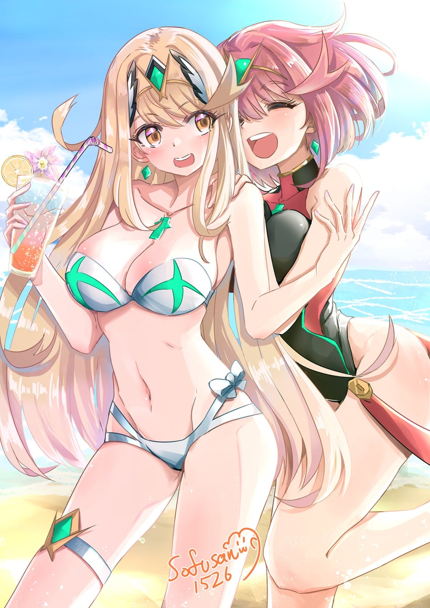 mythra and pyra (xenoblade chronicles and 1 more) drawn by sofusan1526
