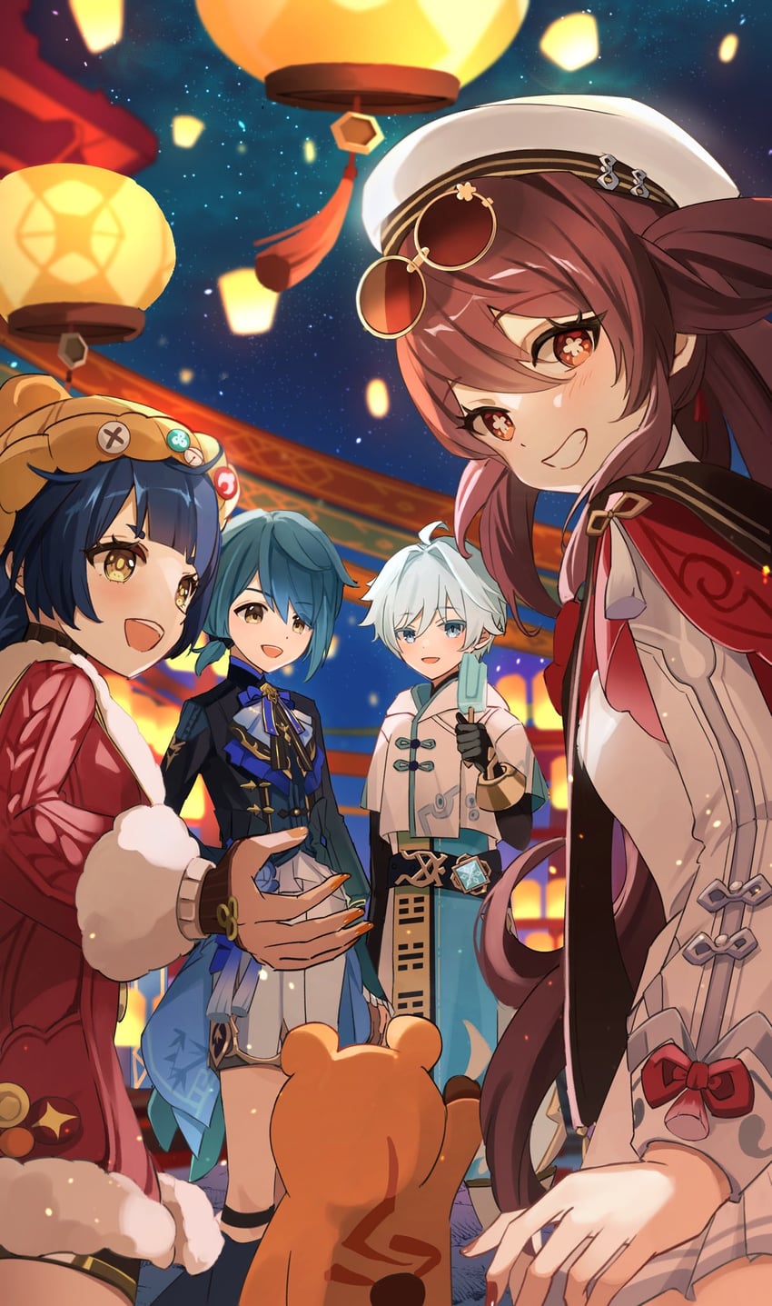 chongyun, xiangling, guoba, hu tao, and xingqiu (genshin impact) drawn by yui_4293