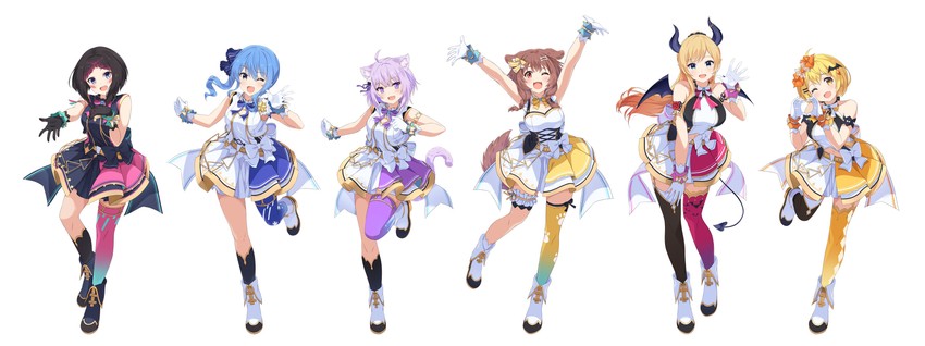hoshimachi suisei, nekomata okayu, inugami korone, yuzuki choco, azki, and 1 more (hololive) drawn by narumi_nanami