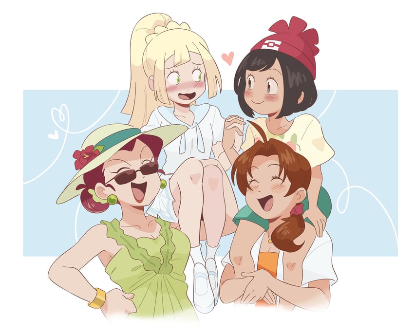 lillie, selene, jessie, and delia ketchum (pokemon and 1 more) drawn by kiana_mai