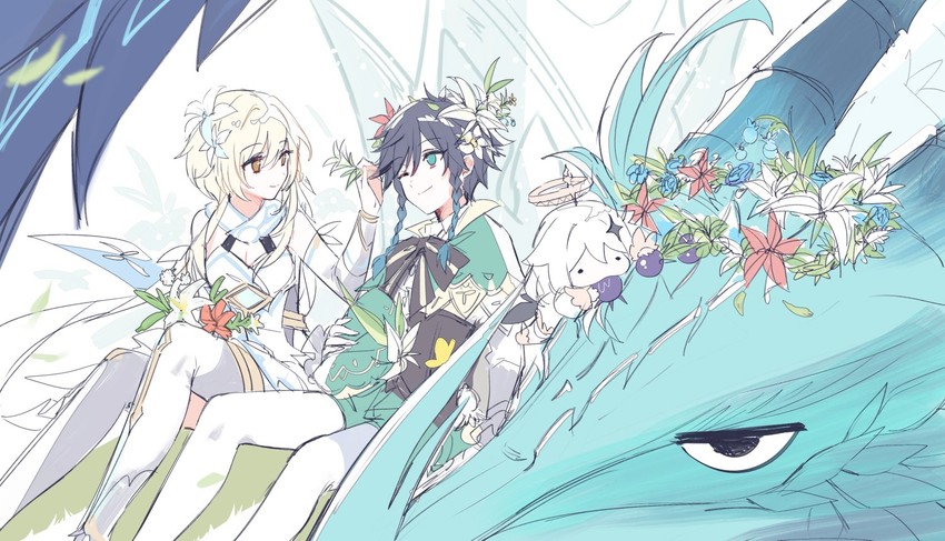 lumine, venti, paimon, and dvalin (genshin impact) drawn by boo_1