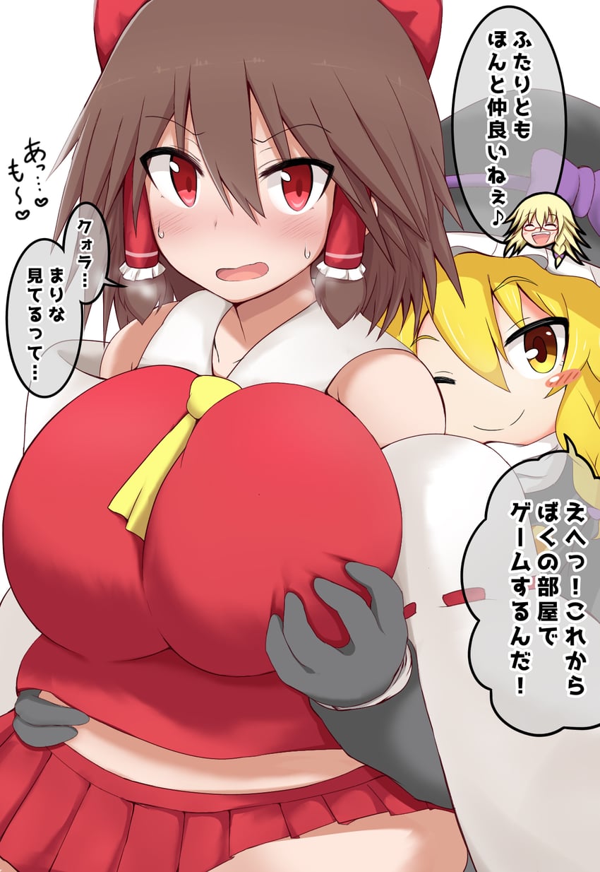 hakurei reimu, kirisame marisa, rei, uzuki, and reu (touhou and 1 more) drawn by takopon