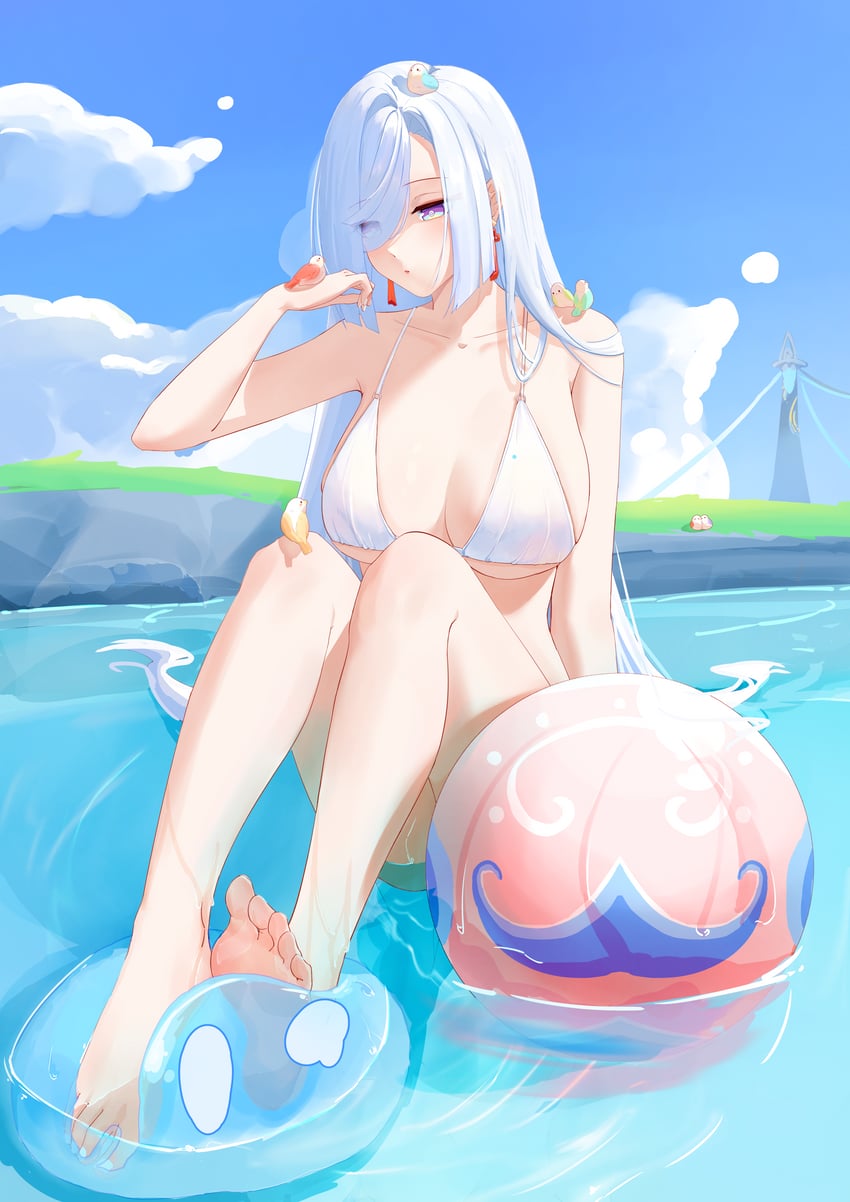 shenhe, slime, and hydro slime (genshin impact) drawn by guoyandachishi