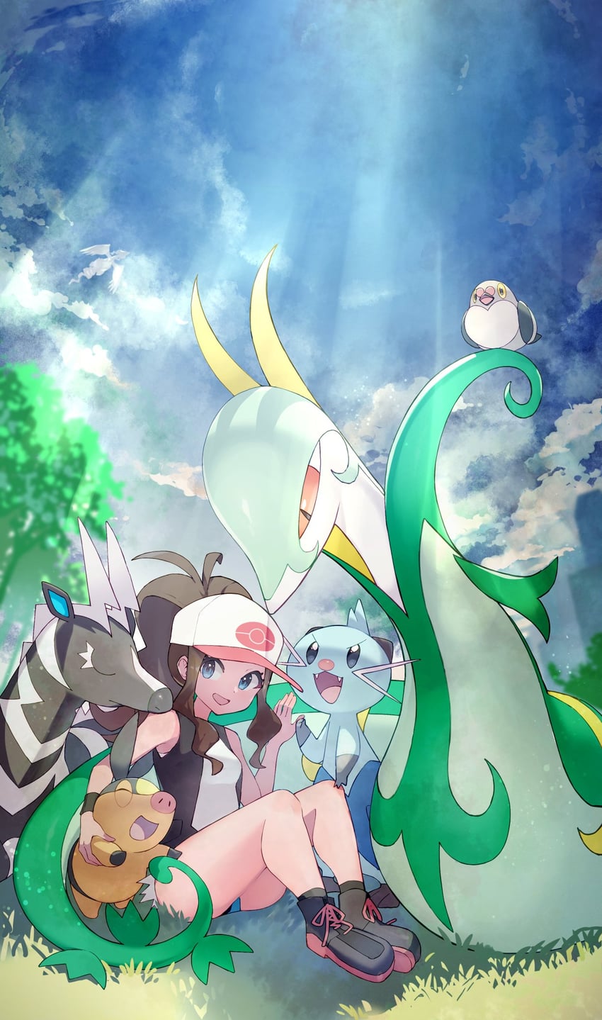 hilda, tepig, reshiram, serperior, zebstrika, and 2 more (pokemon and 1 more) drawn by rindoriko