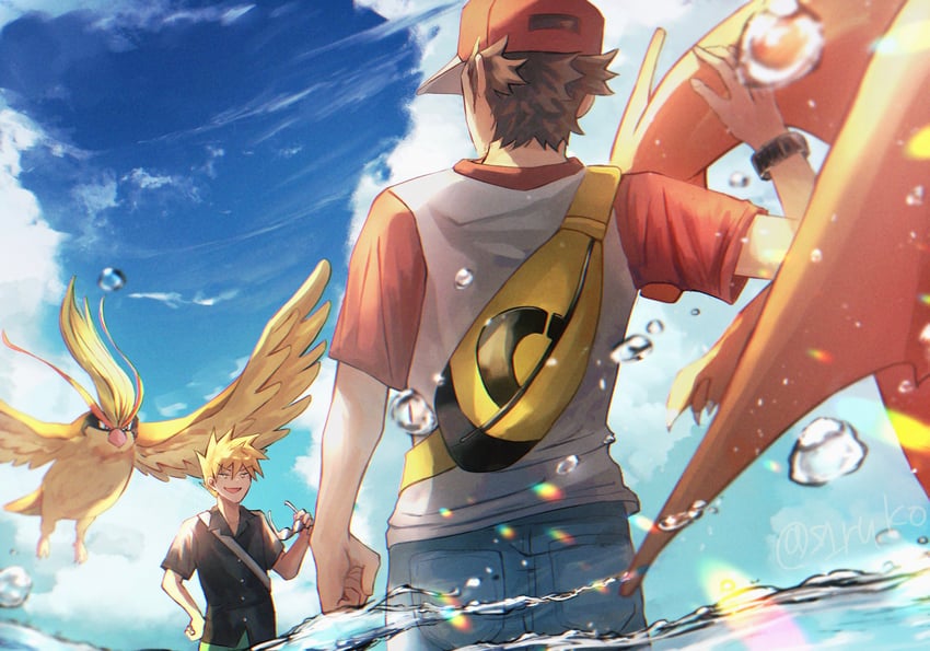 red, blue oak, charizard, and pidgeot (pokemon and 1 more) drawn by shiruko_(s1ruko)