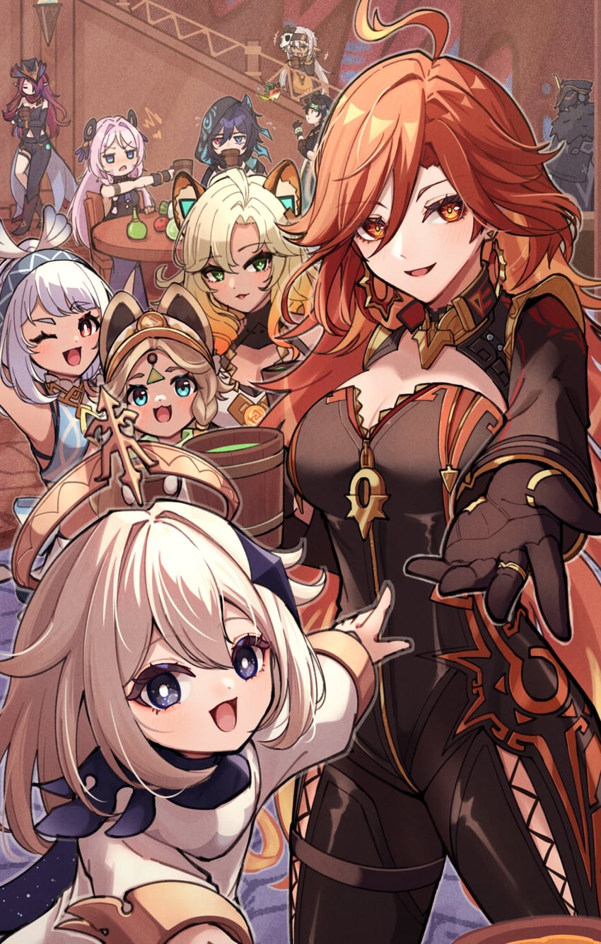 paimon, citlali, mavuika, mualani, kinich, and 6 more (genshin impact) drawn by reia_hana