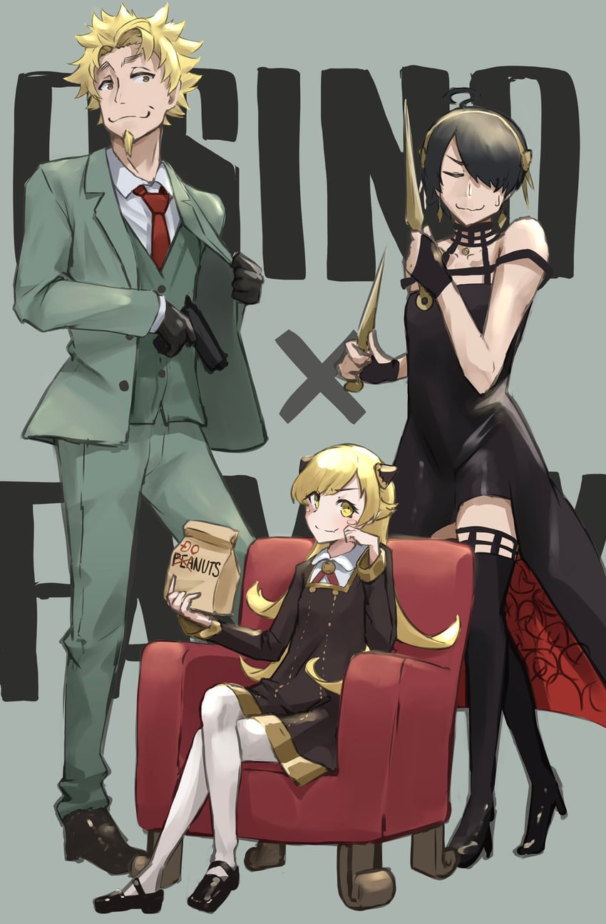 yor briar, anya, oshino shinobu, twilight, araragi koyomi, and 1 more (monogatari and 1 more) drawn by bunoshii