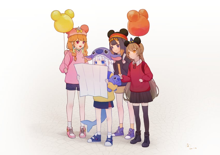 gawr gura, ninomae ina'nis, nanashi mumei, takanashi kiara, and stitch (hololive and 4 more) drawn by oran_030