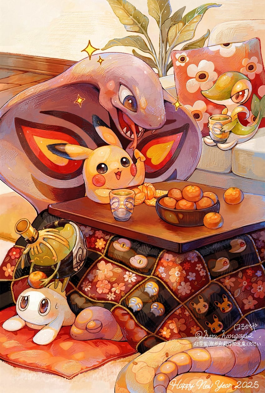pikachu, snivy, arbok, tatsugiri, ekans, and 2 more (pokemon) drawn by haru_harugaya2