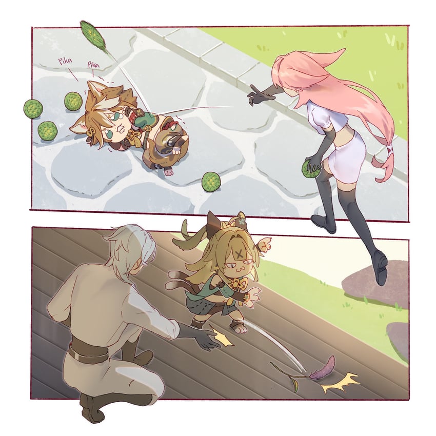 yae miko, kamisato ayato, kirara, and gorou (pokemon and 1 more) drawn by jill_zuke