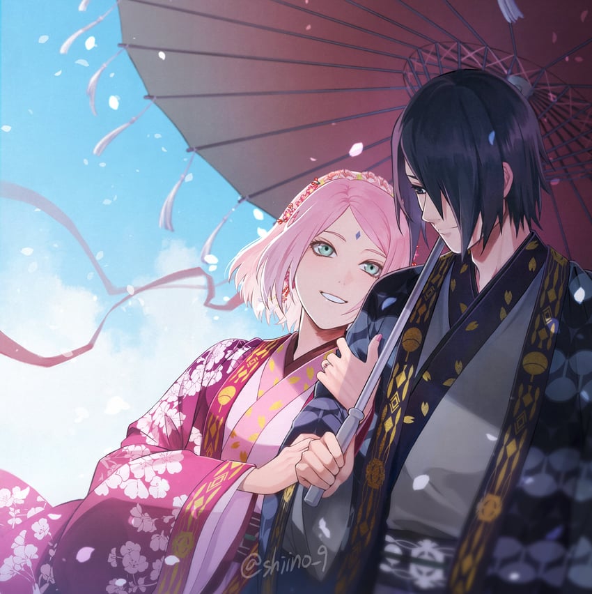haruno sakura and uchiha sasuke (naruto and 1 more) drawn by shiino_9