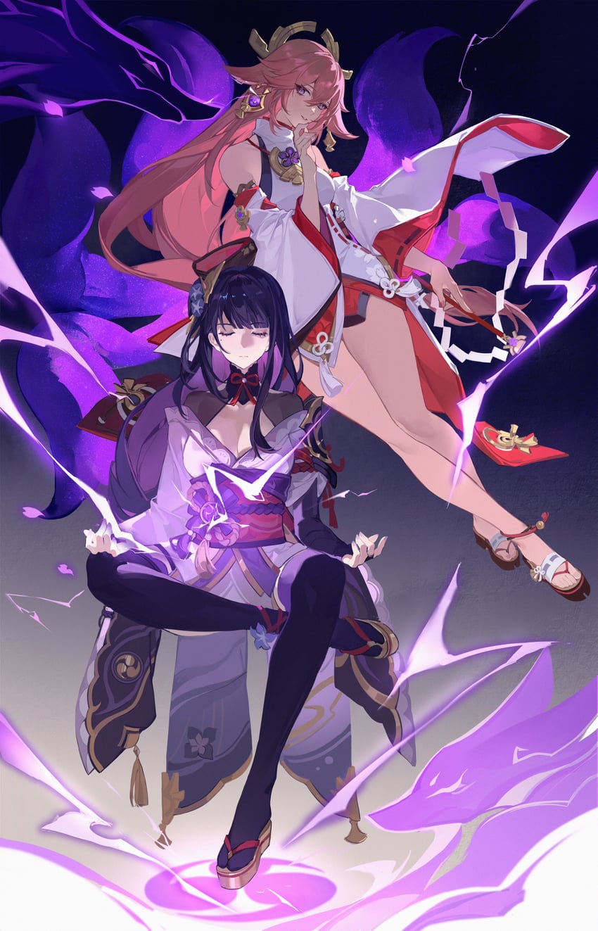 raiden shogun and yae miko (genshin impact) drawn by luanjingajing
