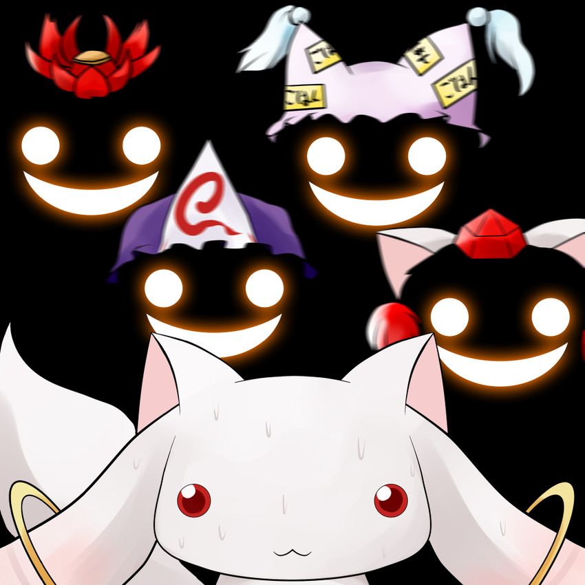 saigyouji yuyuko, inubashiri momiji, yakumo ran, kyubey, and toramaru shou (touhou and 1 more) drawn by yume_shokunin