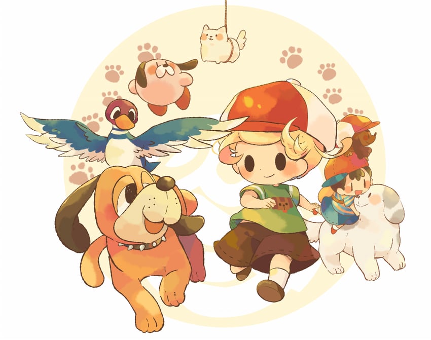 kirby, ness, lucas, annoying dog, boney, and 3 more (kirby and 6 more) drawn by hitofutarai