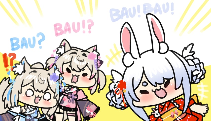 usada pekora, fuwawa abyssgard, and mococo abyssgard (hololive and 1 more) drawn by gooster