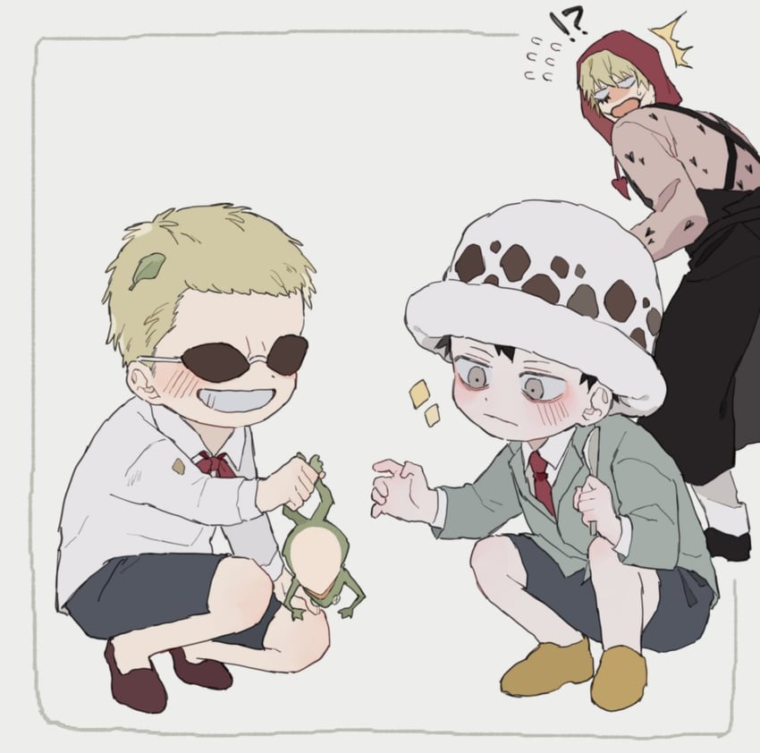 trafalgar law, donquixote doflamingo, and donquixote rocinante (one piece) drawn by yuntyaki_cp