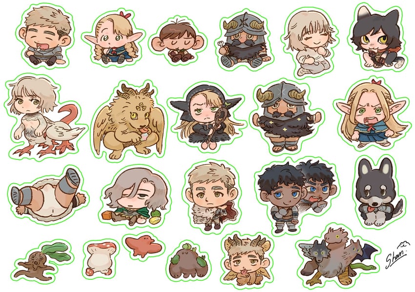 marcille donato, falin touden, laios touden, senshi, mithrun, and 6 more (dungeon meshi) drawn by shan_(shanshankuo)