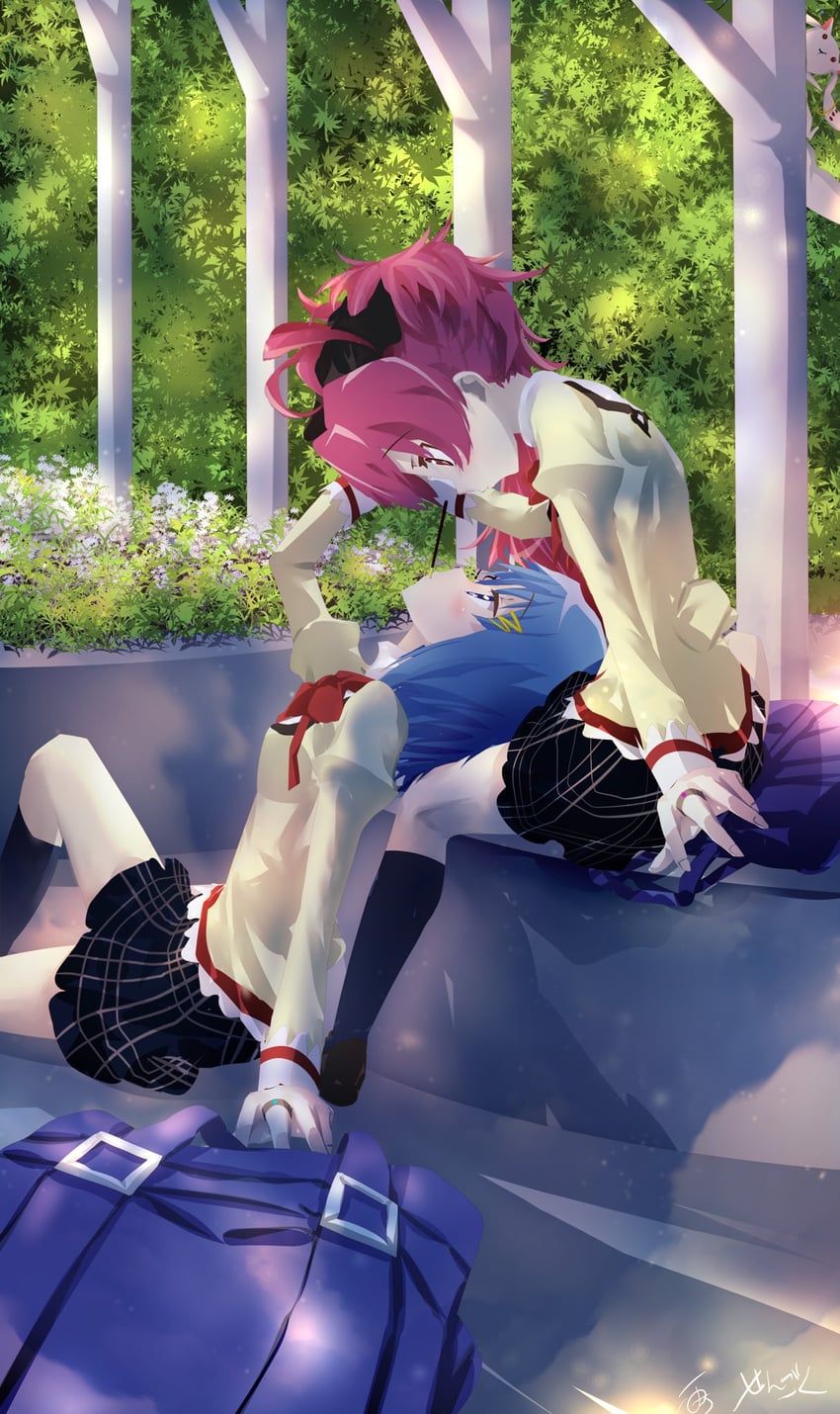 miki sayaka, sakura kyoko, and kyubey (mahou shoujo madoka magica) drawn by sengoku_chidori