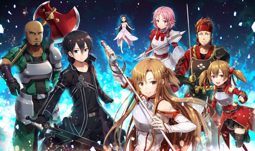 asuna, kirito, silica, lisbeth, yui, and 2 more (sword art online) drawn by gabiran