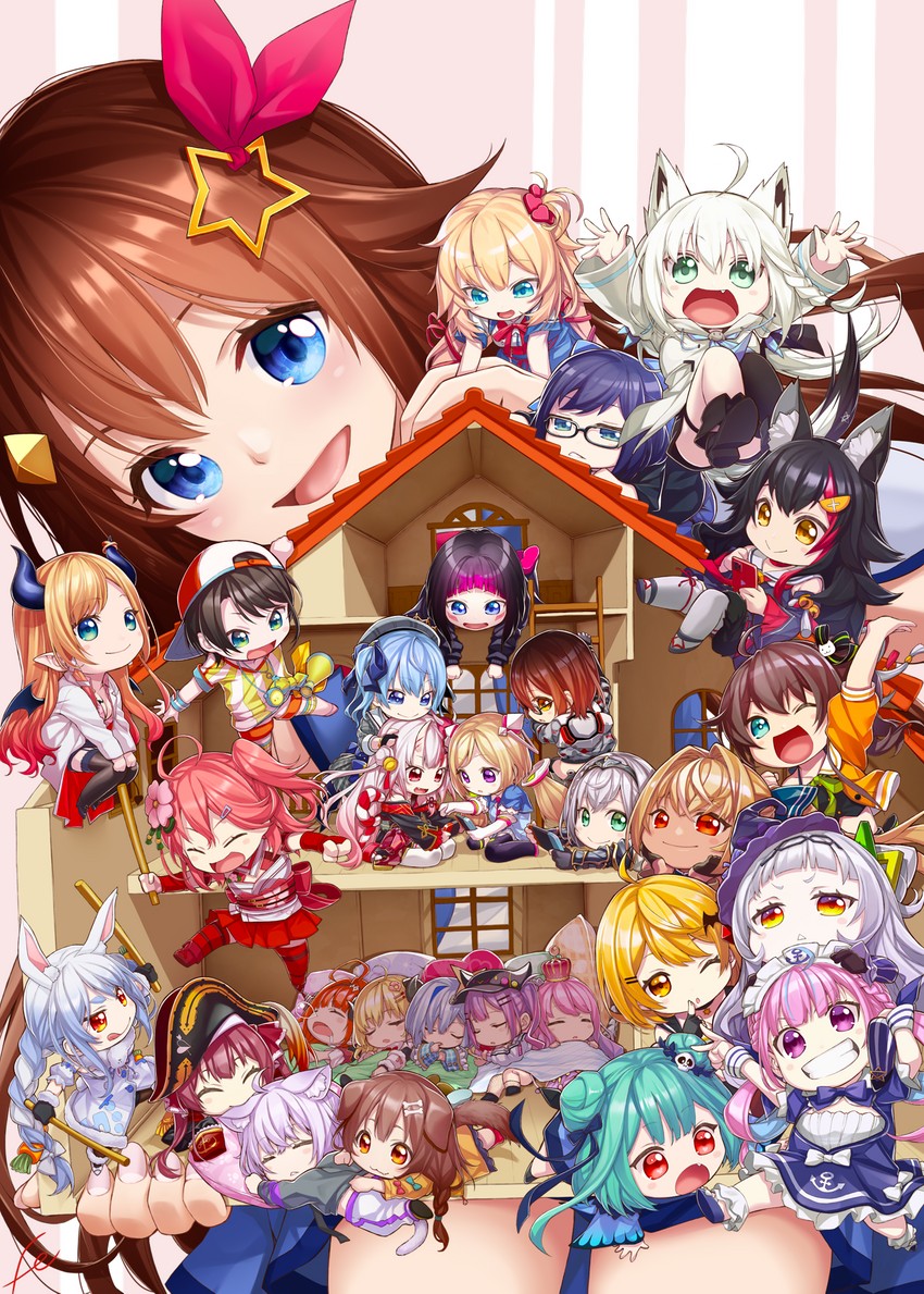 houshou marine, shirakami fubuki, hoshimachi suisei, usada pekora, nekomata okayu, and 25 more (hololive) drawn by fenrir_(fenlil0316)