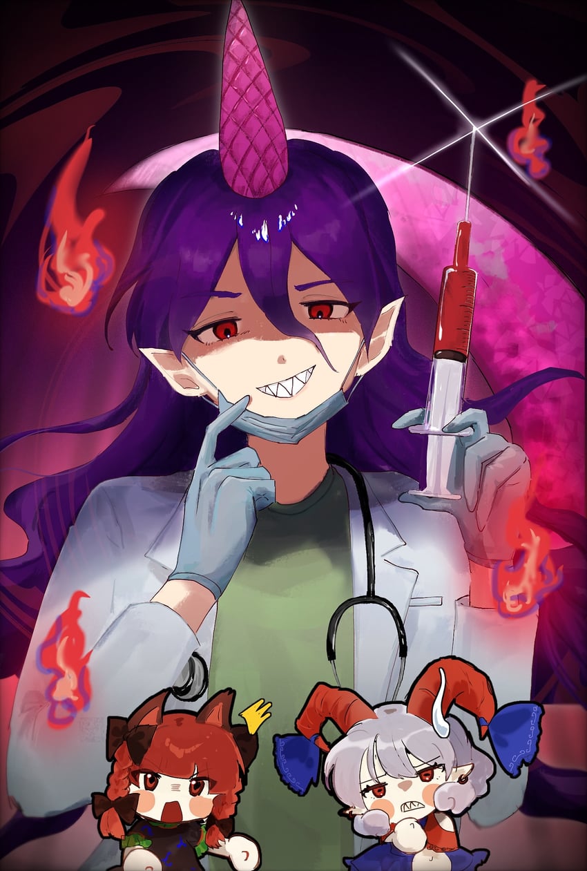 kaenbyou rin, toutetsu yuuma, and tenkajin chiyari (touhou) drawn by wamaru