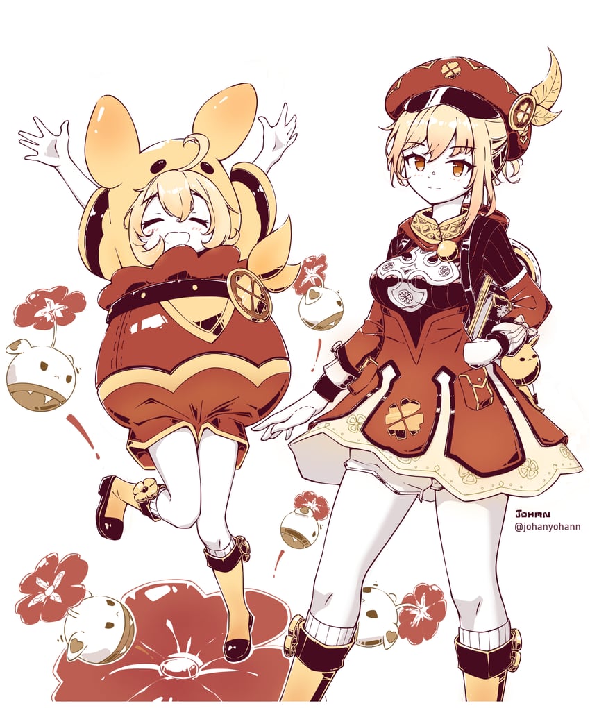 klee, yoimiya, dodoco, and jumpy dumpty (genshin impact) drawn by johanyohann