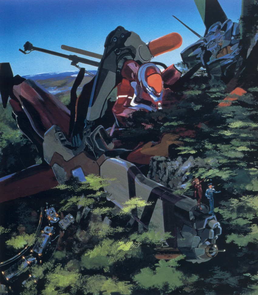 souryuu asuka langley, ikari shinji, eva 02, and eva 01 (neon genesis evangelion) drawn by yamashita_ikuto