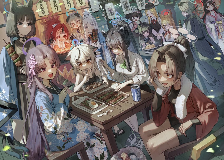 kisaki, kikyou, wakamo, kokona, shun, and 9 more (blue archive) drawn by kokukyukeo