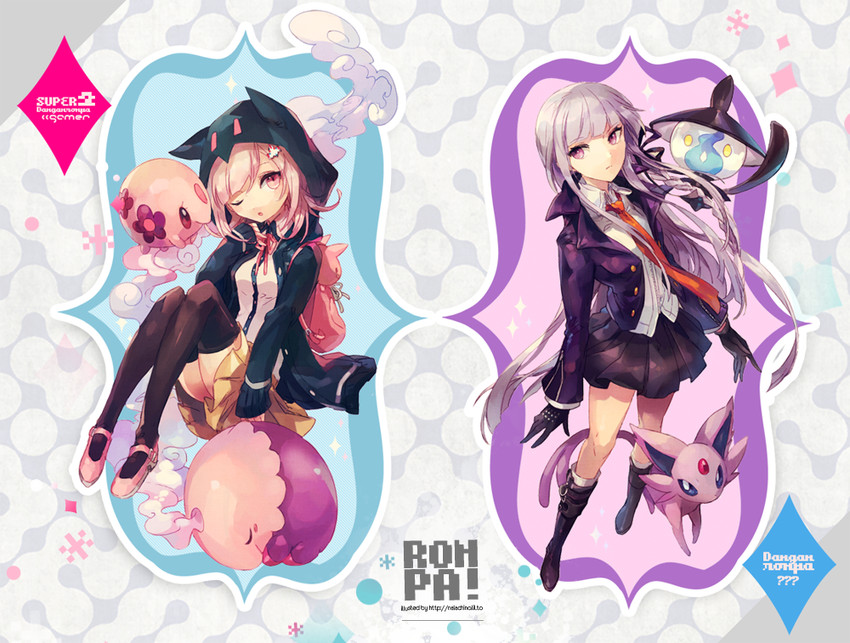 nanami chiaki, kirigiri kyoko, espeon, munna, musharna, and 1 more (pokemon and 4 more) drawn by welchino