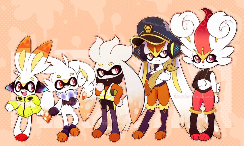 scorbunny, agent 8, cinderace, agent 3, raboot, and 1 more (pokemon and 4 more) drawn by amberlea