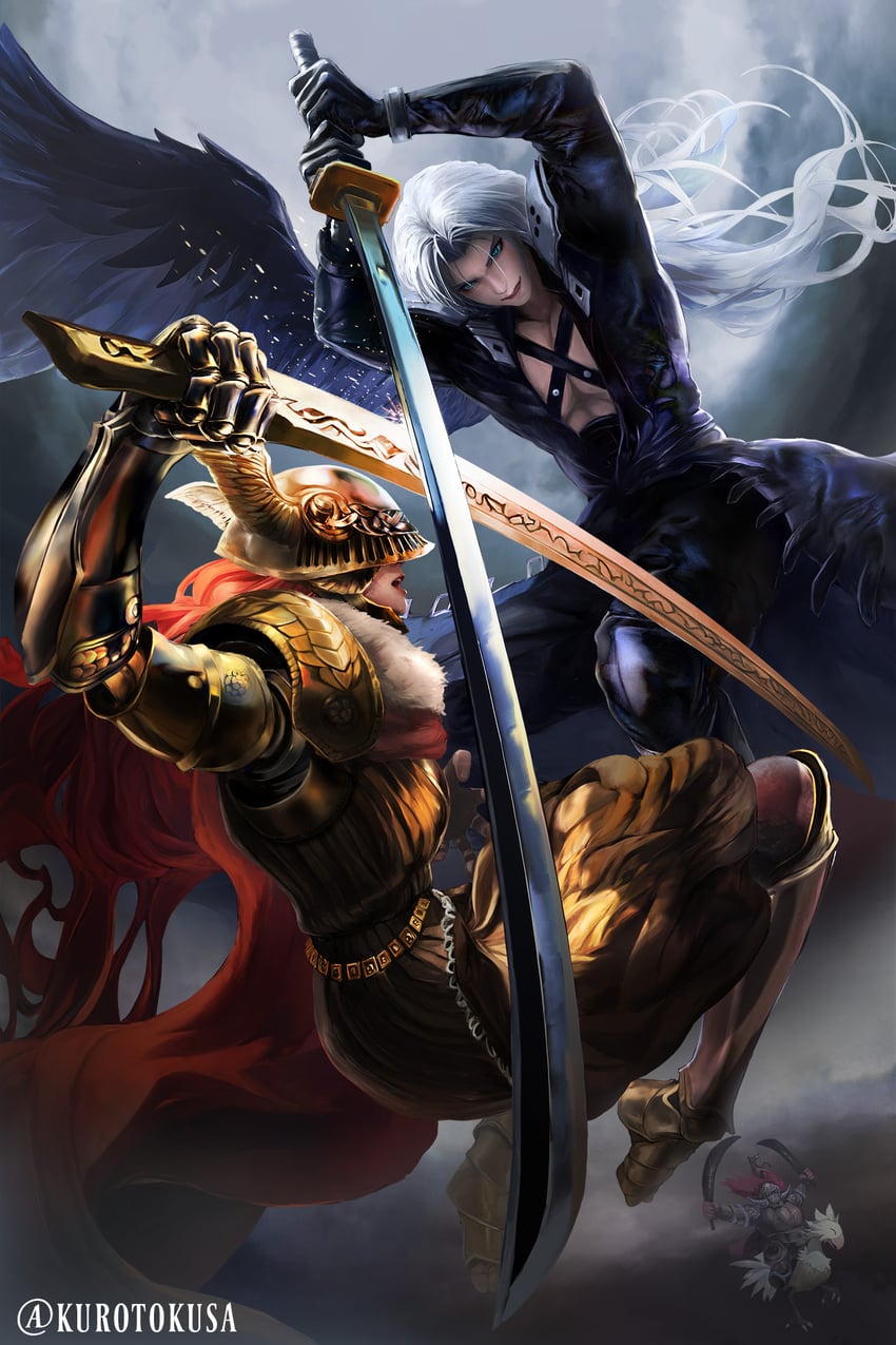 sephiroth, malenia blade of miquella, and starscourge radahn (final fantasy and 2 more) drawn by kurotokusa