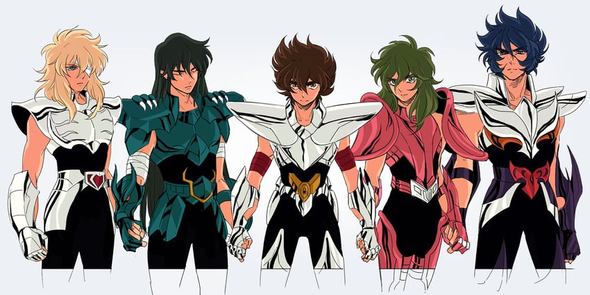 pegasus seiya, andromeda shun, dragon shiryuu, cygnus hyouga, and phoenix ikki (saint seiya) drawn by mantles