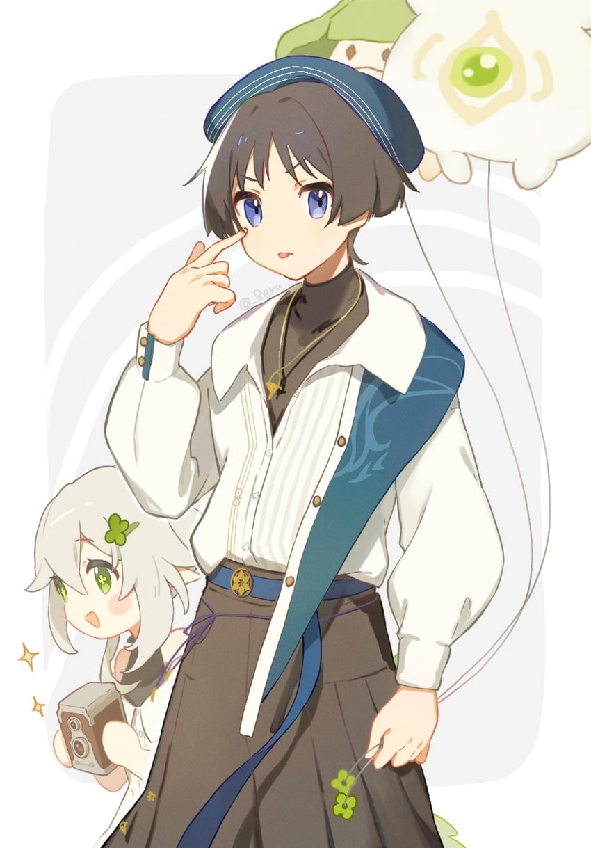 scaramouche, nahida, wanderer, and aranara (genshin impact) drawn by erua_(_8eru)