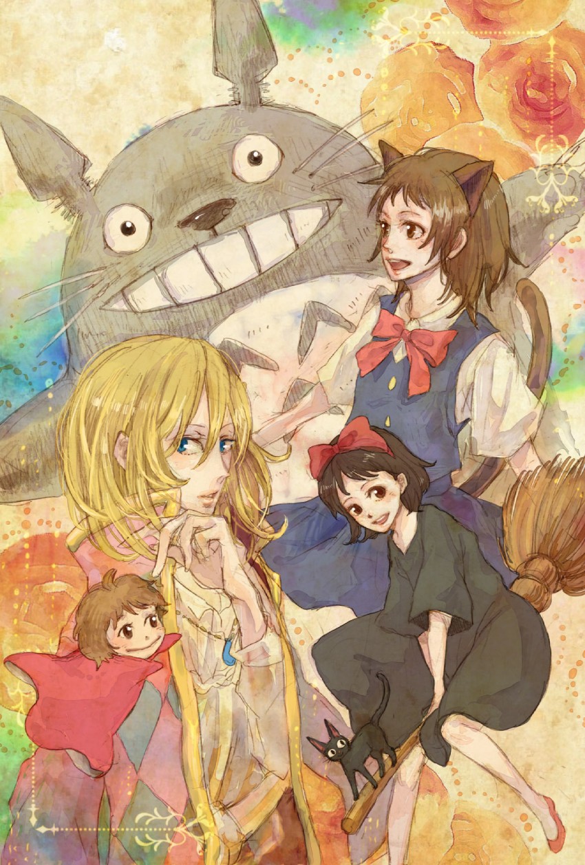 kiki, howl pendragon, jiji, totoro, ponyo, and 1 more (studio ghibli and 5 more) drawn by mikuni28