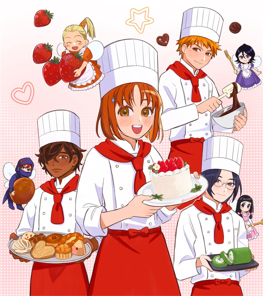 kuchiki rukia, inoue orihime, kurosaki ichigo, ishida uryuu, sado yasutora, and 2 more (bleach and 1 more) drawn by luvlyroseve