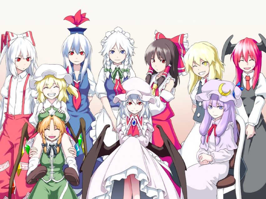 hakurei reimu, kirisame marisa, remilia scarlet, flandre scarlet, izayoi sakuya, and 5 more (touhou) drawn by kentairui