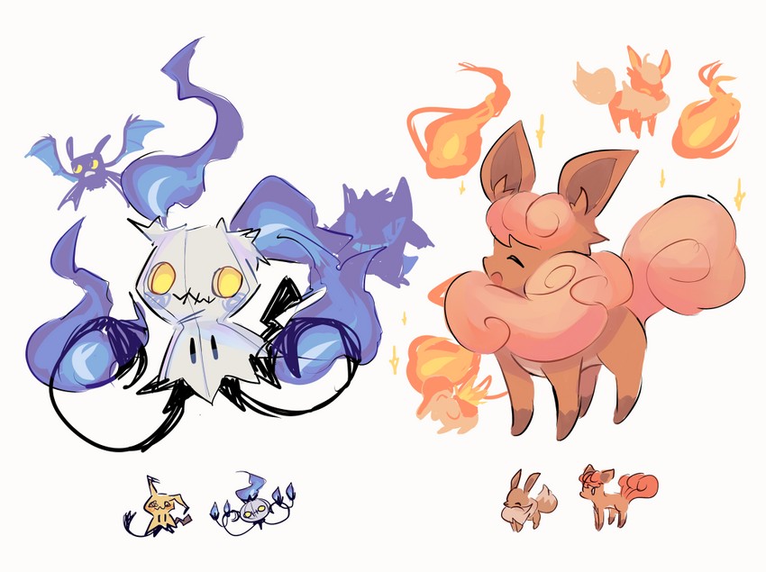 eevee, mimikyu, cyndaquil, flareon, chandelure, and 2 more (pokemon) drawn by charamells