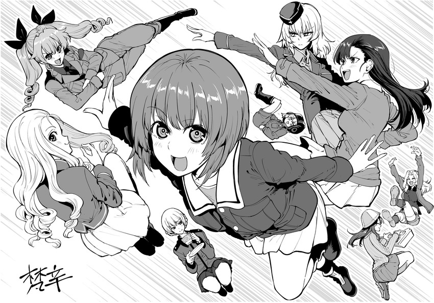 nishizumi miho, darjeeling, itsumi erika, anchovy, kay, and 4 more (girls und panzer) drawn by bonkara_(sokuseki_maou)