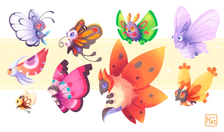 butterfree, ribombee, volcarona, beautifly, vivillon, and 4 more (pokemon) drawn by mintfoox