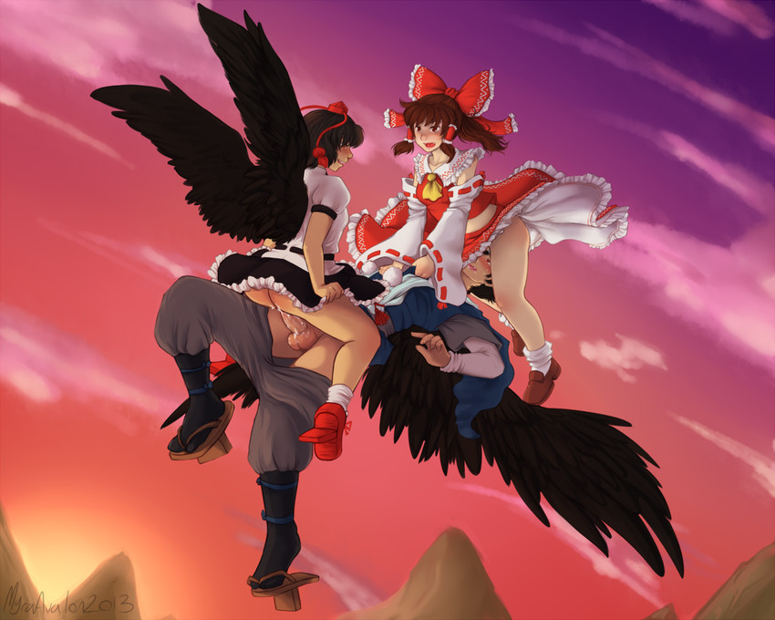 hakurei reimu, shameimaru aya, and crow tengu extra (touhou) drawn by witchofavalon
