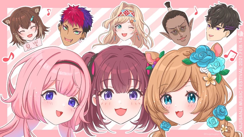 suo sango, fumino tamaki, eli conifer, lee roha, gwelu os gar, and 3 more (nijisanji and 2 more) drawn by mugimugigo
