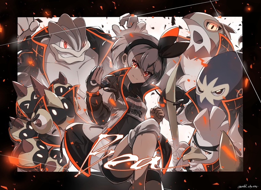 bea, machamp, sirfetch'd, falinks, hawlucha, and 1 more (pokemon and 1 more) drawn by odd_(hin_yari)