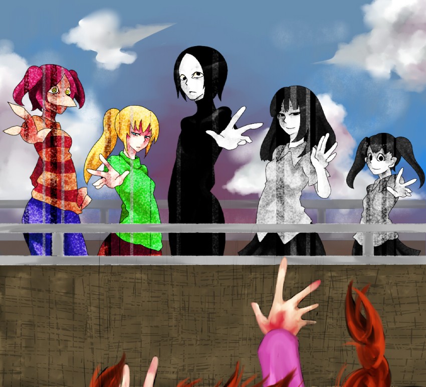 madotsuki, poniko, monoko, monoe, sekomumasada sensei, and 1 more (yume nikki) drawn by mozzz