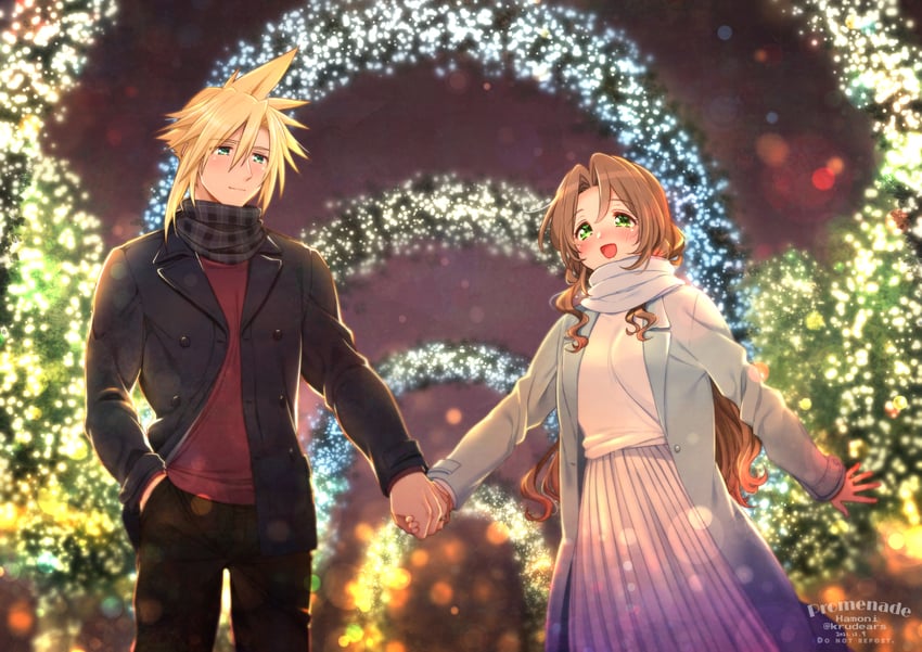 cloud strife and aerith gainsborough (final fantasy and 2 more) drawn by krudears