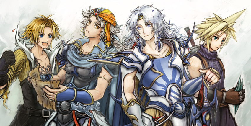 cloud strife, paladin, tidus, cecil harvey, and firion (final fantasy and 5 more) drawn by piranosuke