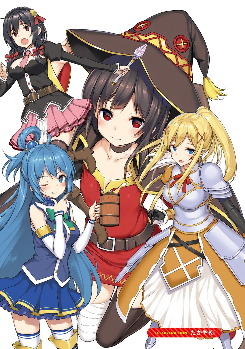 megumin, aqua, darkness, and yunyun (kono subarashii sekai ni shukufuku wo!) drawn by takayaki