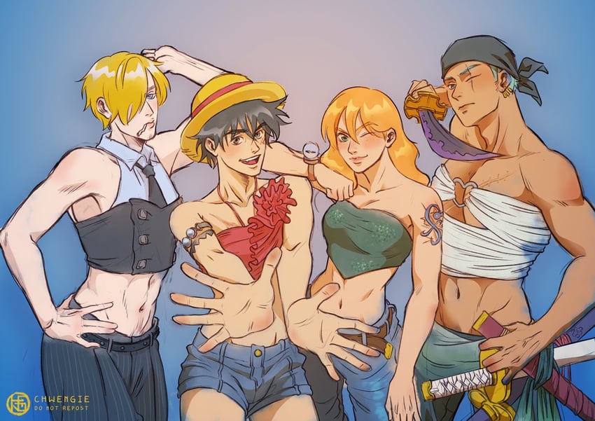 nami, monkey d. luffy, roronoa zoro, and sanji (one piece) drawn by chwengie