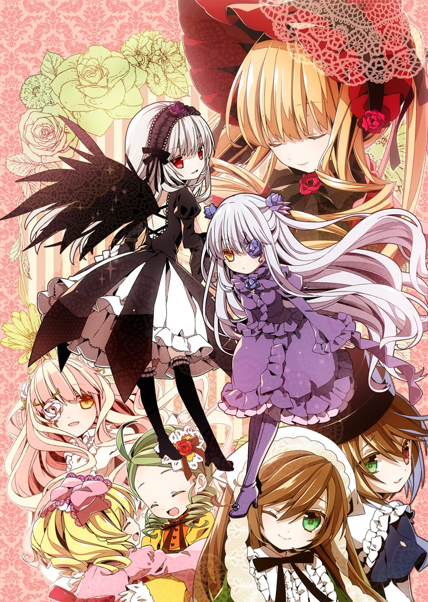 suigintou, shinku, suiseiseki, souseiseki, hinaichigo, and 3 more (rozen maiden) drawn by moru