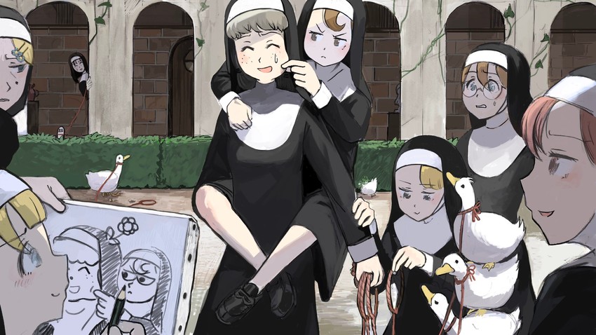 clumsy nun, froggy nun, spicy nun, strict nun, sheep nun, and 3 more (little nuns) drawn by diva_(hyxpk)
