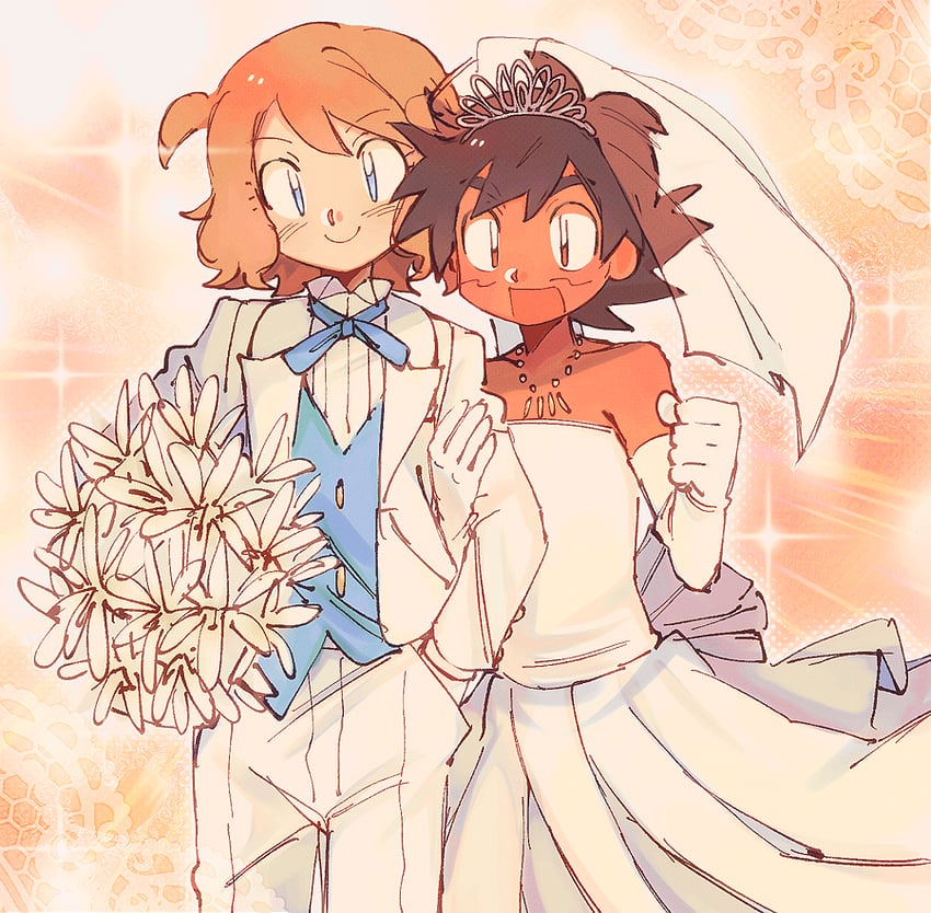 ash ketchum and serena (pokemon and 2 more) drawn by malan